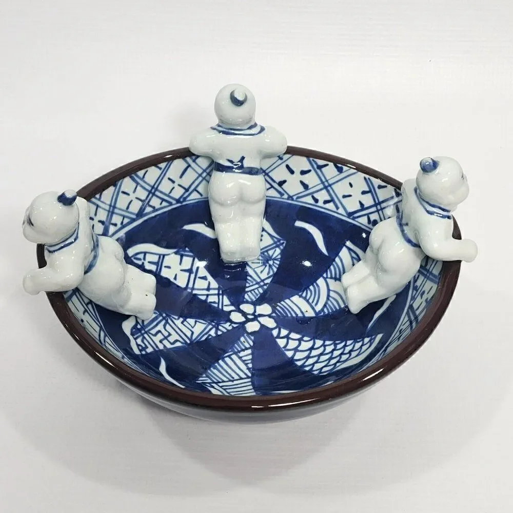 Ceramic Chinese Blue‎ & White Figural Rice Bowl With 3 Children Boys Figures